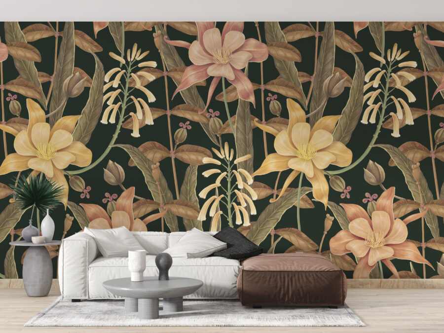 Nástěnná malba divokých květin na tmavém pozadí v boho stylu Wall of Coloured Flowers - hlavní obrázek produktu