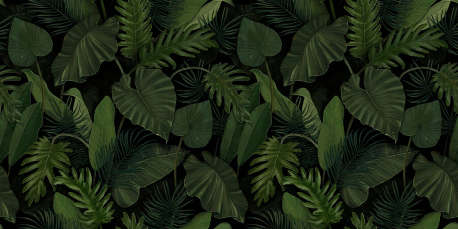 Nástěnná malba v tmavých a živých barvách s exotickými rostlinami je dokonalým doplňkem moderního obývacího pokoje Green Leaves - obrázek číslo 2