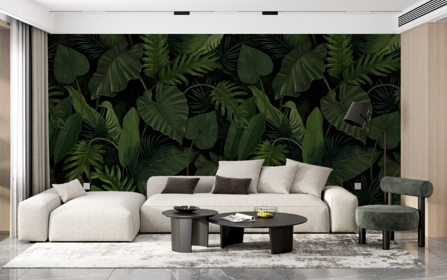 Nástěnná malba v tmavých a živých barvách s exotickými rostlinami je dokonalým doplňkem moderního obývacího pokoje Green Leaves - hlavní obrázek produktu