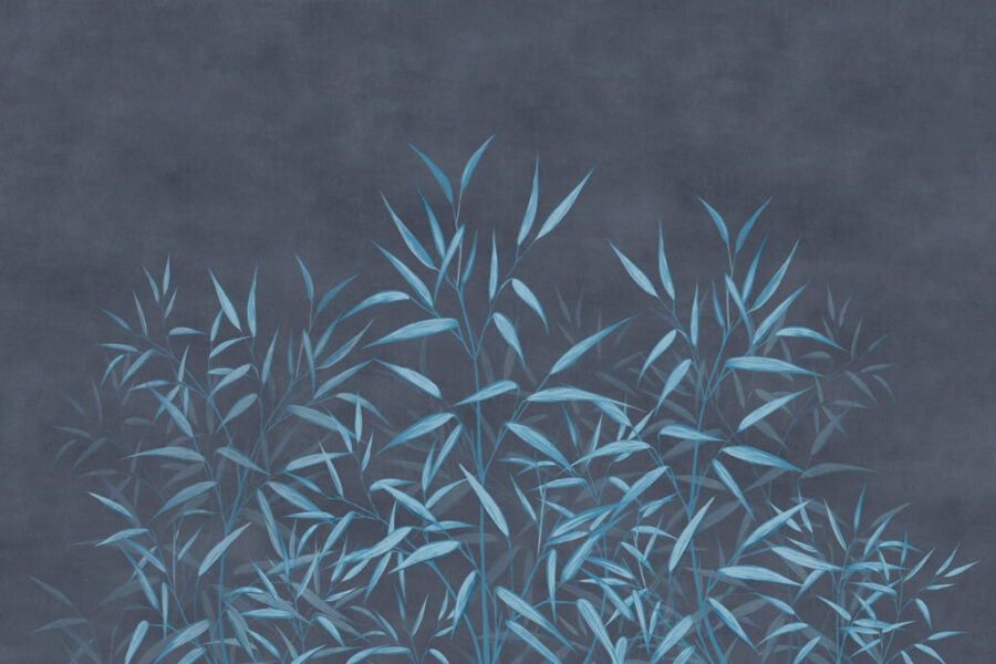 Fototapeta w ciemnych odcieniach koloru niebieskiego z delikatnym motywem roślinnym, wyrazista i elegancka Błękitne Listki - zdjęcie numer 2