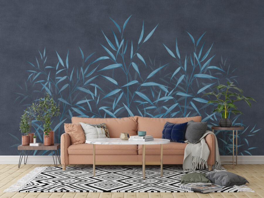 Nástěnná malba v tmavě modrých odstínech s jemným květinovým motivem, výrazná a elegantní Blue Leaves - hlavní obrázek produktu