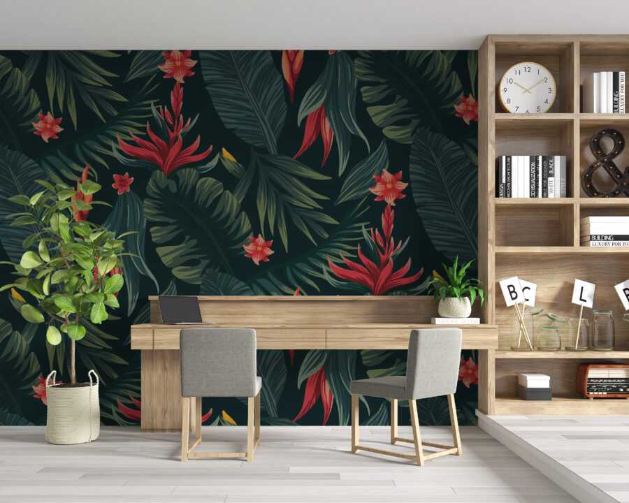 Nástěnná malba tropických květin na pozadí tmavě zelené barvy Červené květy - hlavní obrázek produktu