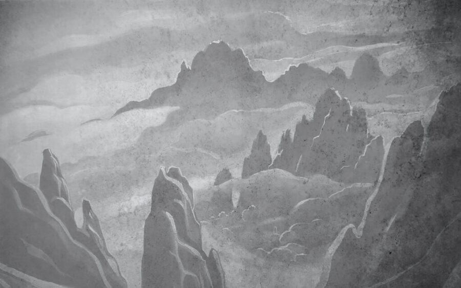 Fototapeta w dawnym stylu z krajobrazem górskim imitująca rysunek Górska Szarość - zdjęcie numer 2