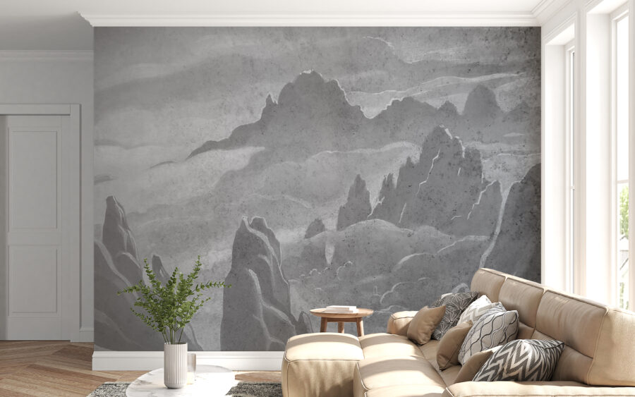 Nástěnná malba ve starém stylu s horskou krajinou imitující kresbu Mountain Grey - hlavní obrázek produktu