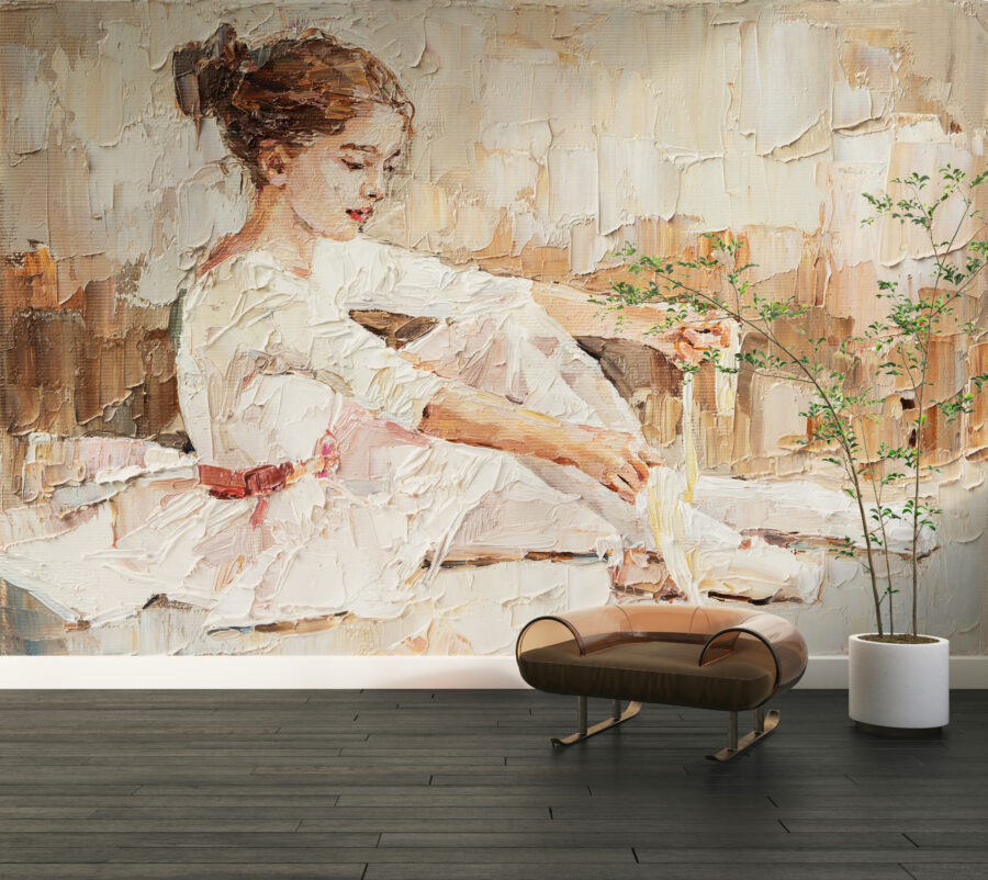 Fototapeta imitující malbu štětcem s jemným motivem mladé baletky - hlavní obrázek produktu