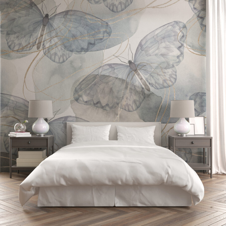 Fototapeta v boho stylu s jemným motivem ideální do ložnice Blue Butterflies - hlavní obrázek produktu