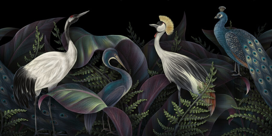 Nástěnná malba v tmavých tónech s exotickými zvířaty Důstojné ptáci - číslo obrazu 2