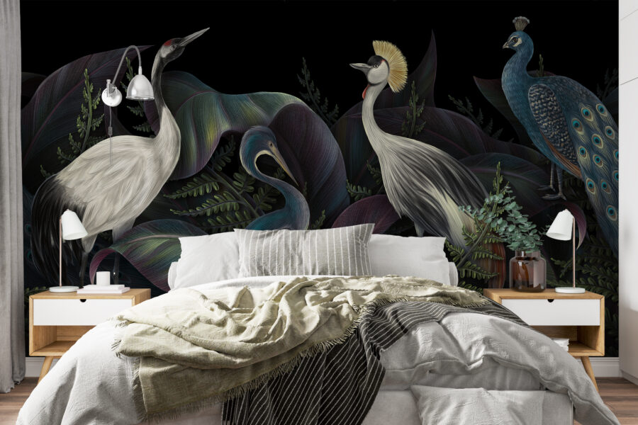 Fototapeta v tmavých tónech s exotickými zvířaty Dignified Birds - hlavní obrázek produktu