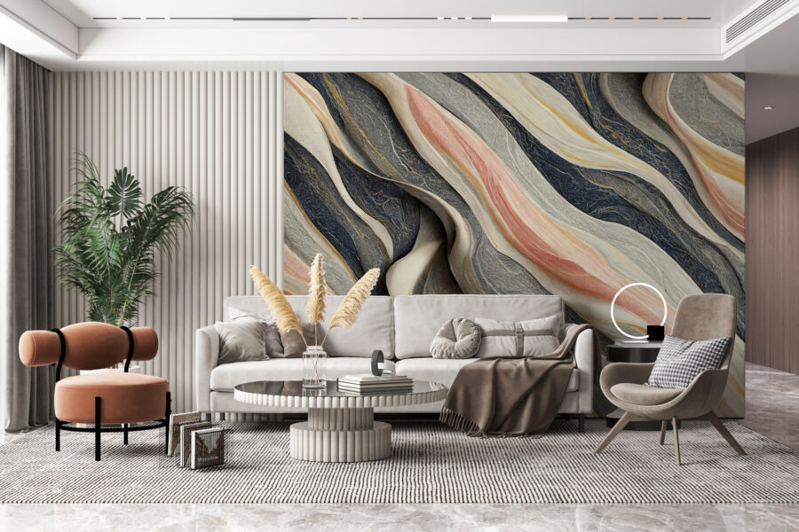 Nástěnná malba v šedé barvě prokládaná teplejšími odstíny růžové imitujícími strukturu látky Wavy Abstraction - hlavní obrázek produktu