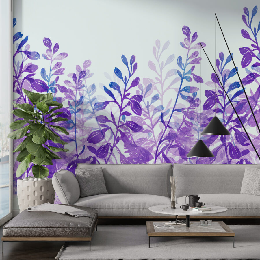 Nástěnná malba s divokými rostlinami ve výrazných odstínech na světlém pozadí Violet Plants - hlavní obrázek produktu