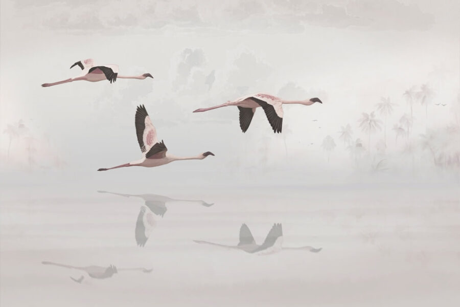 Fototapeta v asijském stylu ideální pro moderní obývací pokoj Flamingos in Flight - obrázek číslo 2