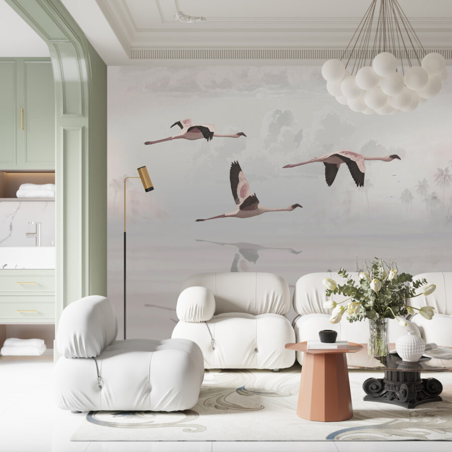 Fototapeta v asijském stylu ideální pro moderní obývací pokoj Flamingos in Flight - hlavní obrázek produktu