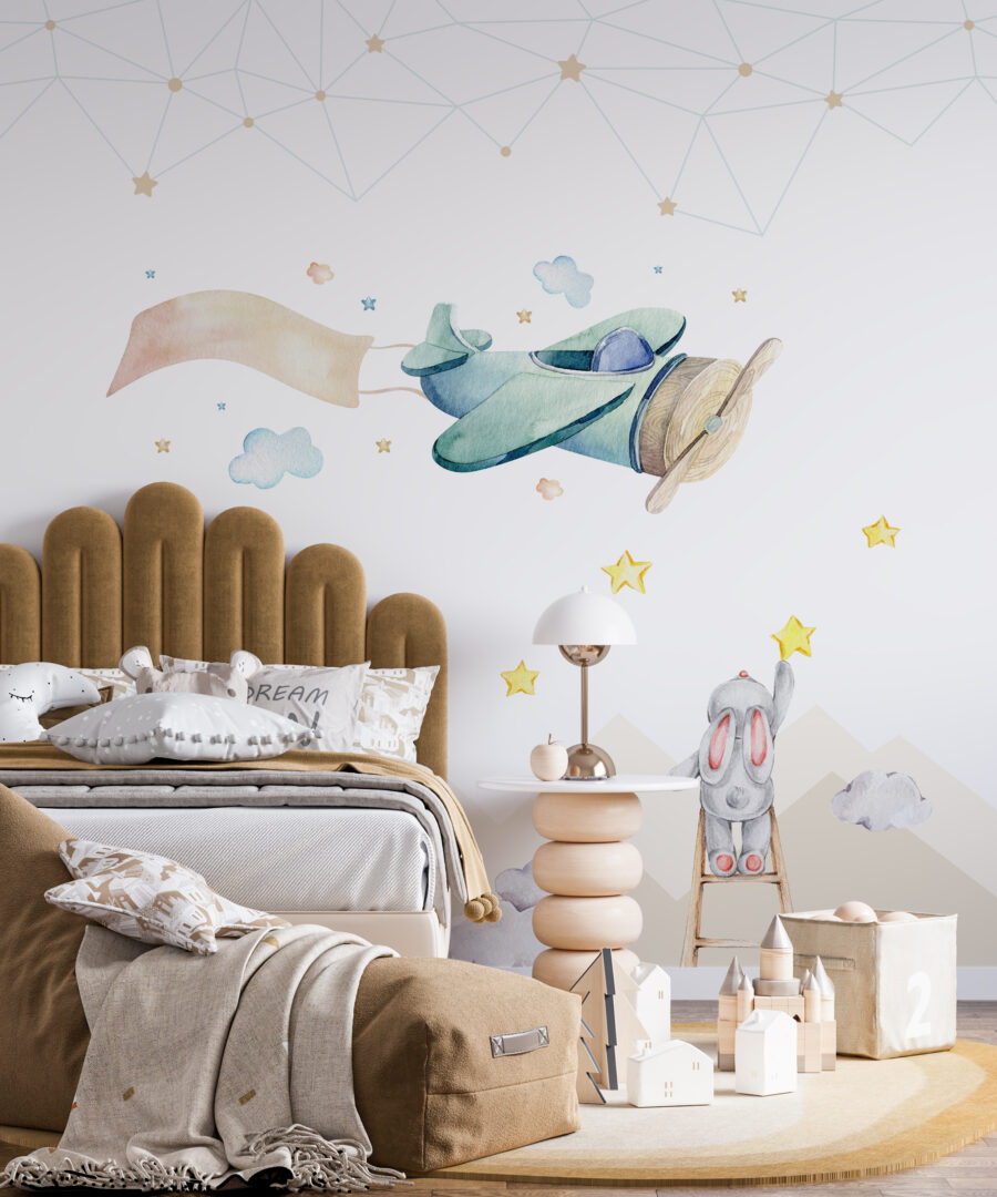 Fototapeta s motivem zvířat a oblohy v tlumených, ale veselých barvách ideální do dětského pokoje Bunnies in the Sky - hlavní obrázek produktu