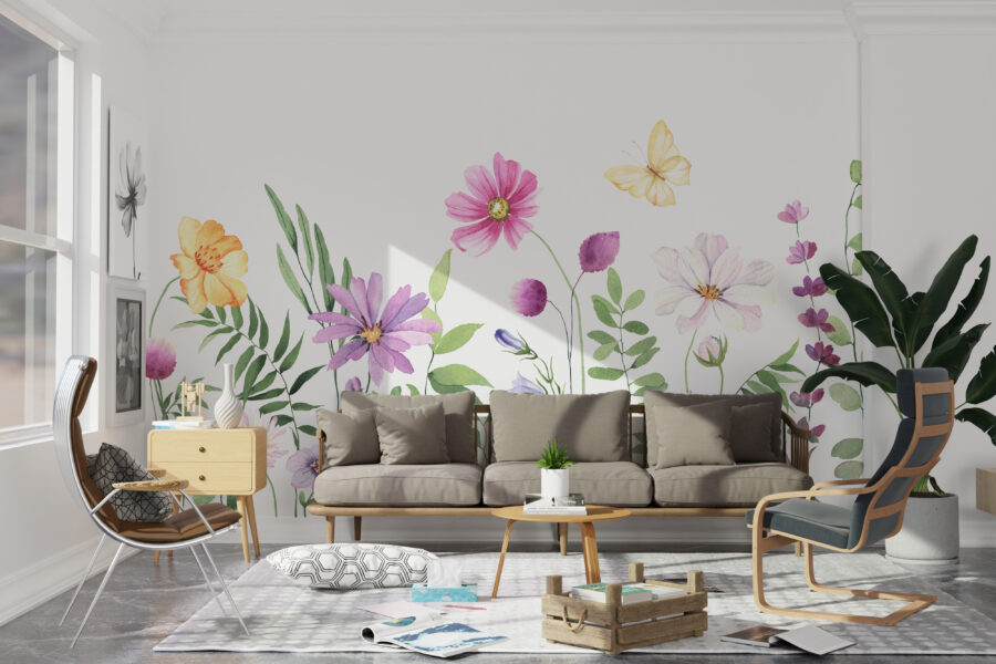 Nástěnná malba jemných divokých květin a motýlů na světlém pozadí Květiny na louce - hlavní obrázek produktu