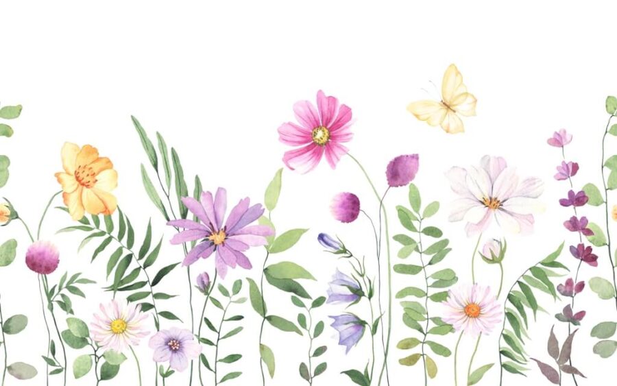 Nástěnná malba jemných divokých květin a motýlů na světlém pozadí Květiny na louce - obrázek číslo 2