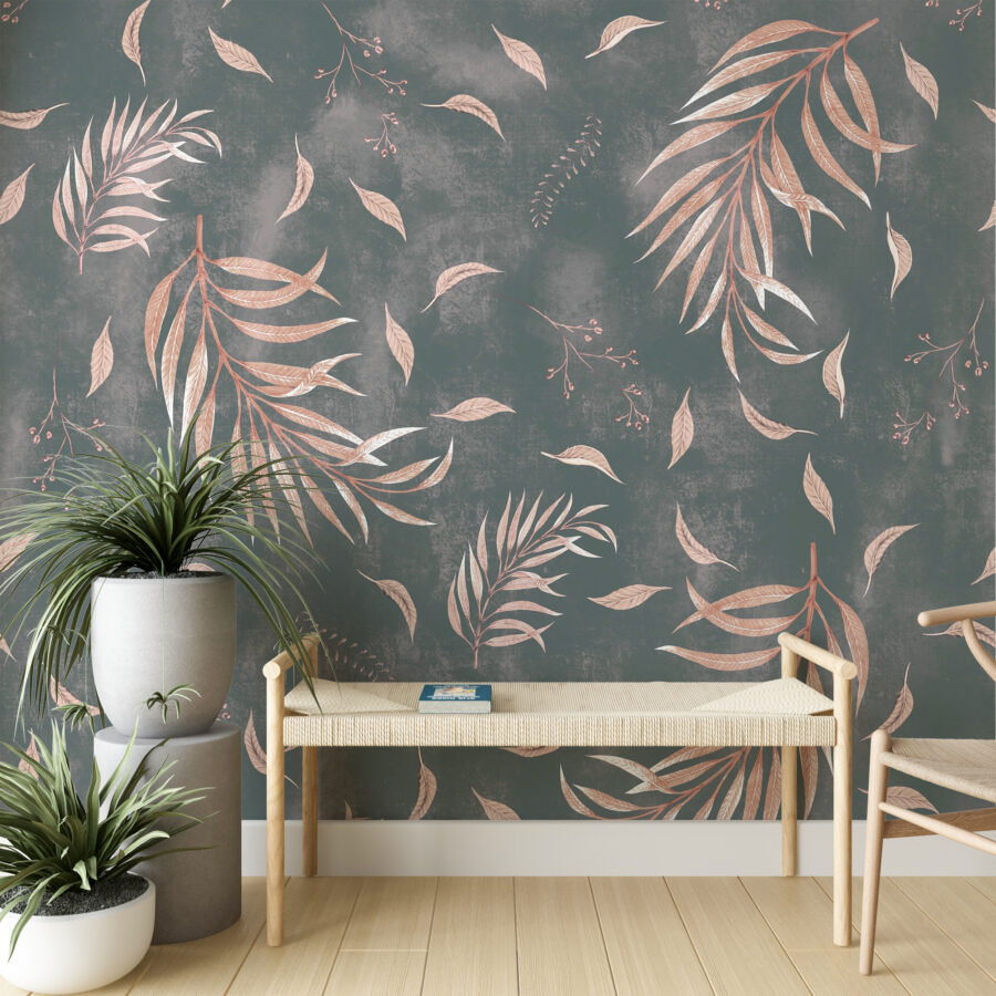 Nástěnná malba v odstínech růžové a šedé s exotickým motivem Flying Leaves - hlavní obrázek produktu