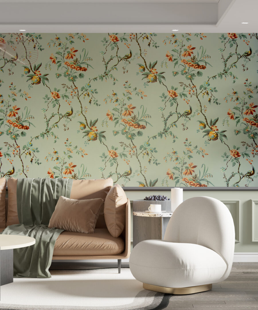 Nástěnná malba ve stylu vintage s klasickým květinovým motivem na pistáciovém pozadí Orange Flowers - hlavní obrázek produktu