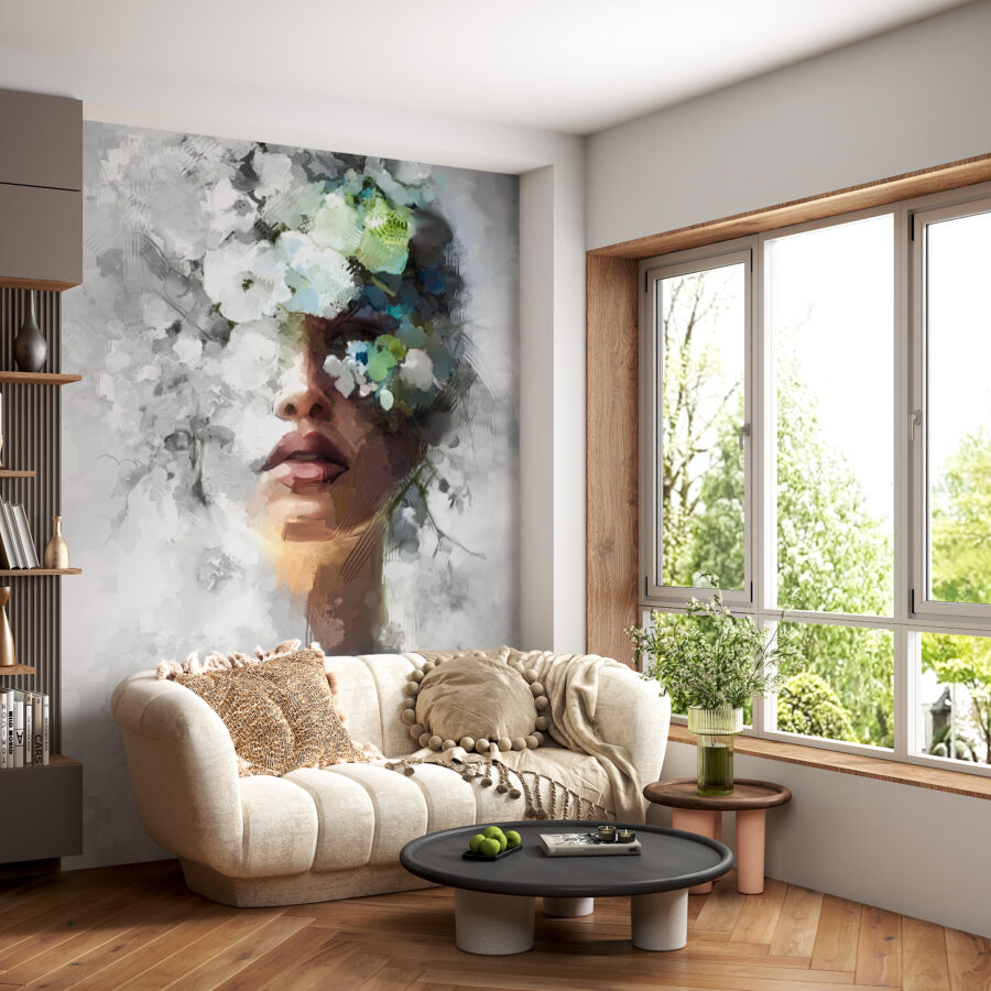 Nástěnná malba ženské tváře zahalené do jemných květů Tvář v květech - hlavní obrázek produktu