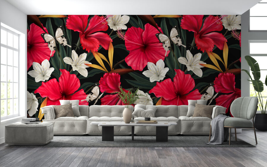 Nástěnná malba s květinovým motivem na tmavém pozadí Mezi červenými květy - hlavní obrázek produktu