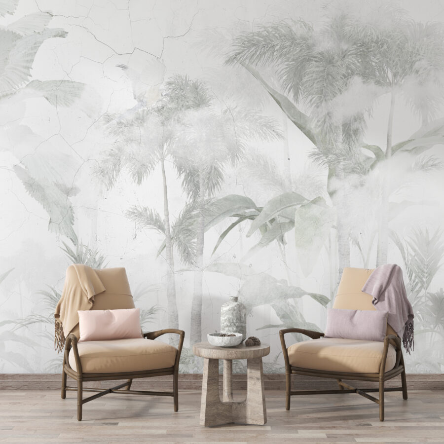 Nástěnná malba v šedých tónech s tropickým motivem Faded Jungle - hlavní obrázek produktu