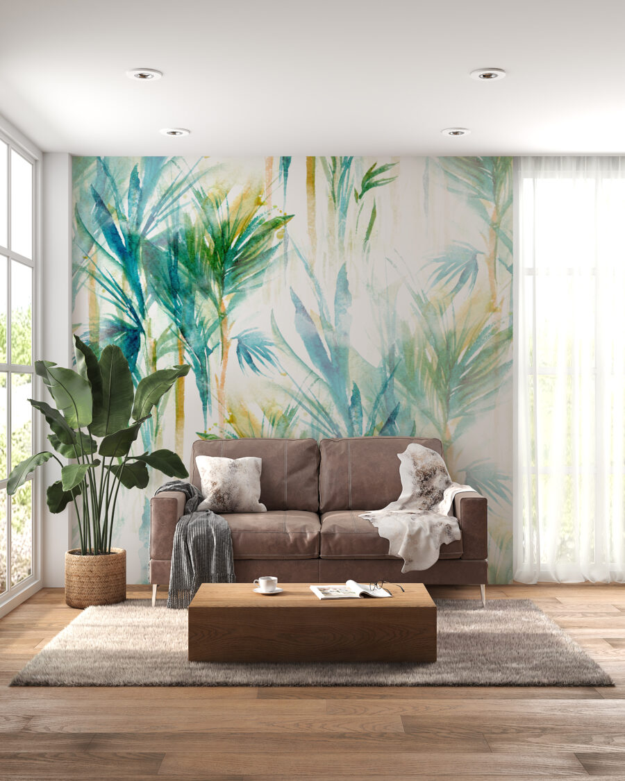 Nástěnná malba s tropickými rostlinami na světlém pozadí Blue Long Leaves - hlavní obrázek produktu