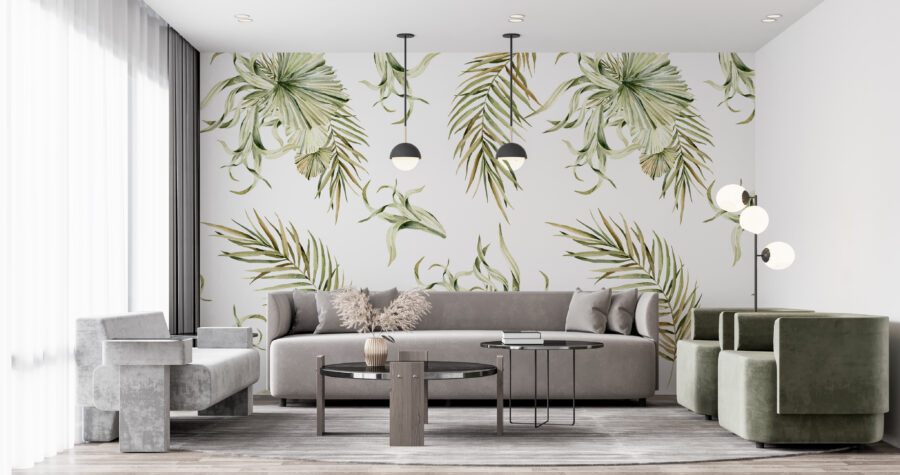 Minimalistický styl nástěnné malby s tropickým květinovým motivem Green Palm - hlavní obrázek produktu