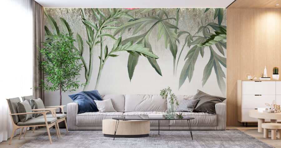 3D nástěnná malba s exotickým motivem v šedých a zelených odstínech Plant Graphics - hlavní obrázek produktu