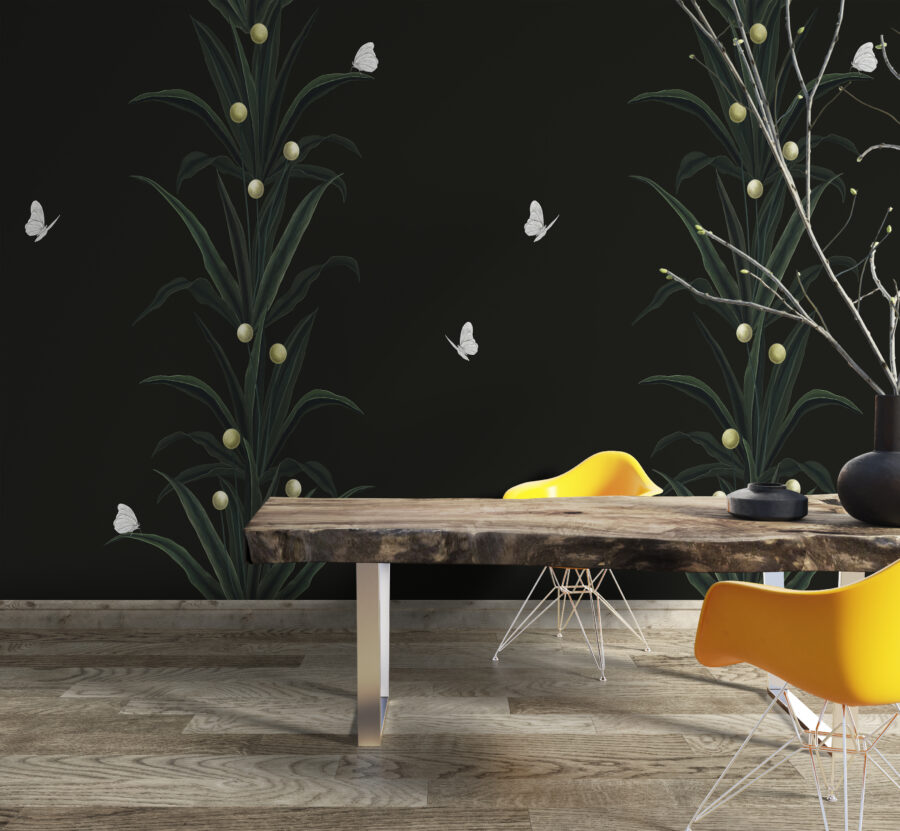 3D nástěnná malba s exotickým motivem ideální pro moderní obývací pokoj Rostliny na černém pozadí - hlavní obrázek produktu