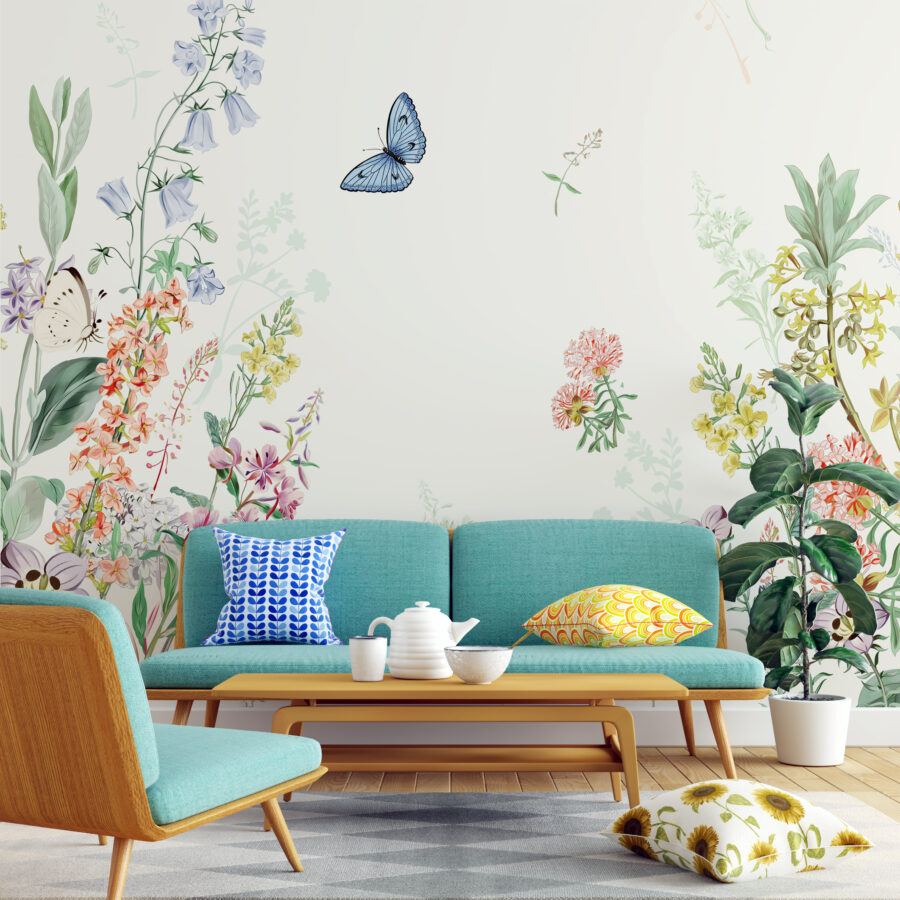 Nástěnná malba s jemným květinovým motivem v klidných barvách Blue Butterfly - hlavní obrázek produktu