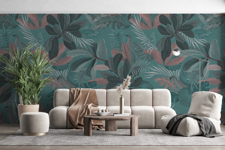 Moderní nástěnná malba s motivem tropických listů v odstínech zelené a modré Dark Leaf Graphic - hlavní obrázek produktu