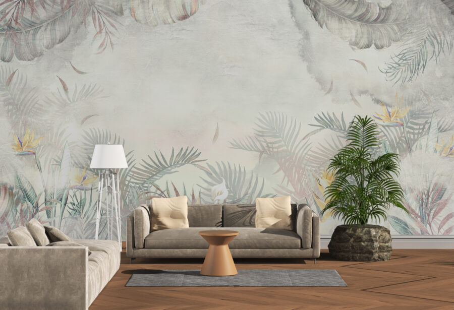Nástěnná malba v odstínech šedé s prvky tropického lesa Bright Sky - hlavní obrázek produktu
