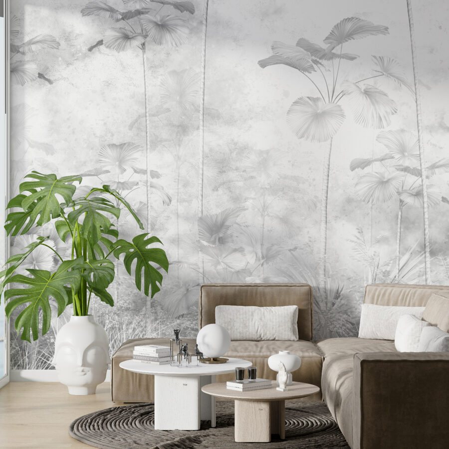 Nástěnná malba v šedé barvě s vysokými tropickými stromy, které tvoří dokonalé pozadí každého interiéru Palms to the Sky - hlavní obrázek produktu