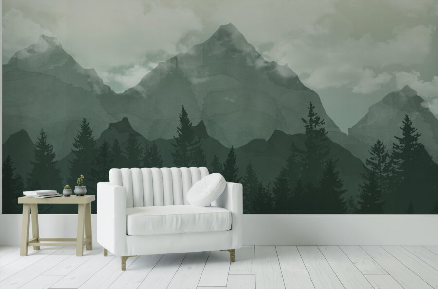 Nástěnná malba v odstínech tajemné zelené s vysokými vrcholy Power of the Mountains - hlavní obrázek produktu