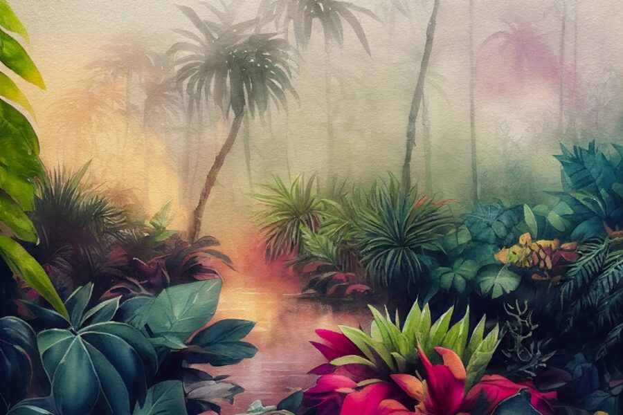 Fototapeta v teplých barvách s exotickou krajinou ideální do obývacího pokoje Rajská zahrada - obrázek číslo 2