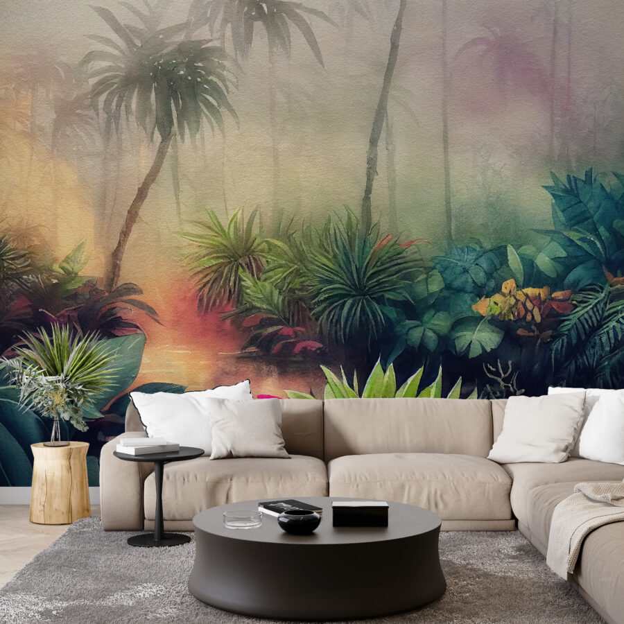 Fototapeta v teplých barvách s exotickou krajinou ideální do obývacího pokoje Paradise Garden - hlavní obrázek produktu