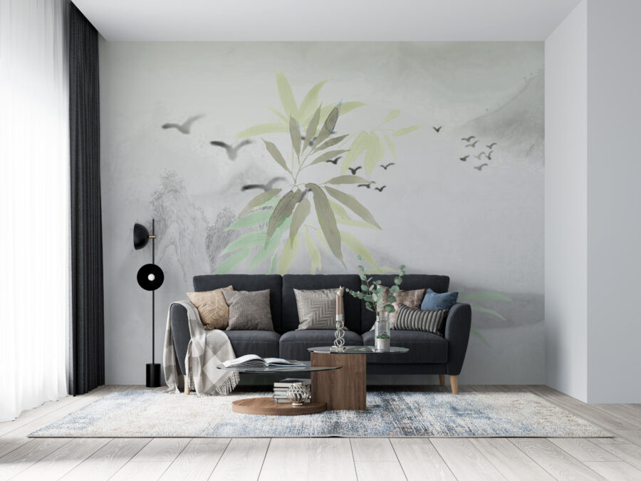 Nástěnná malba s jemným motivem exotického stromu a letících ptáků lehká ve svém výrazu a jemná v barvách Lonely Plant - hlavní obrázek produktu