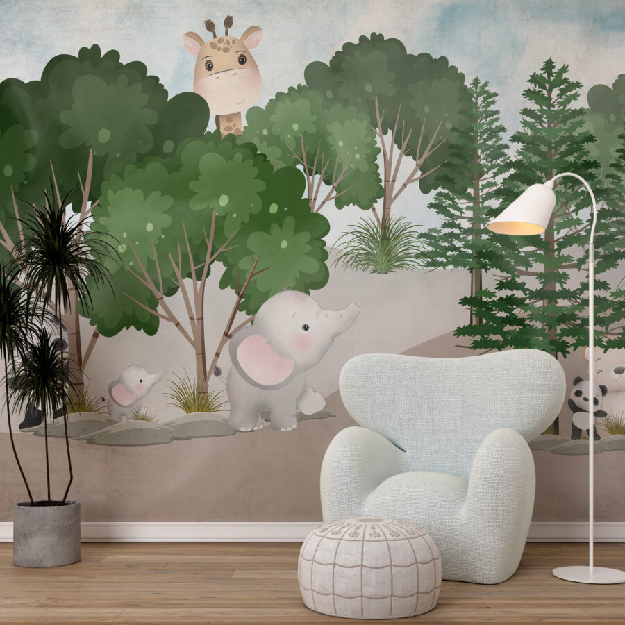 Nástěnná malba pro děti s exotickými zvířaty Slon v zeleném lese - hlavní obrázek produktu