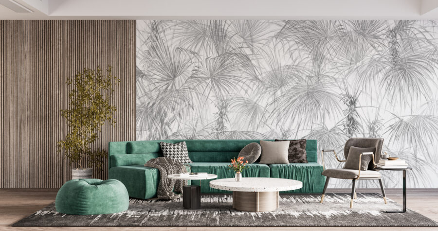 Fototapeta s exotickým motivem v jednobarevném provedení ideální pro moderní pokoje Grey Palms - hlavní obrázek produktu