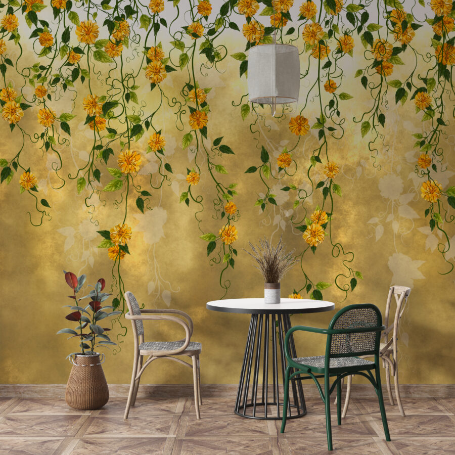 Fototapeta ve slunečných barvách s motivem padajících květin ideální do obývacího pokoje Žlutá kaskáda květin - hlavní obrázek produktu