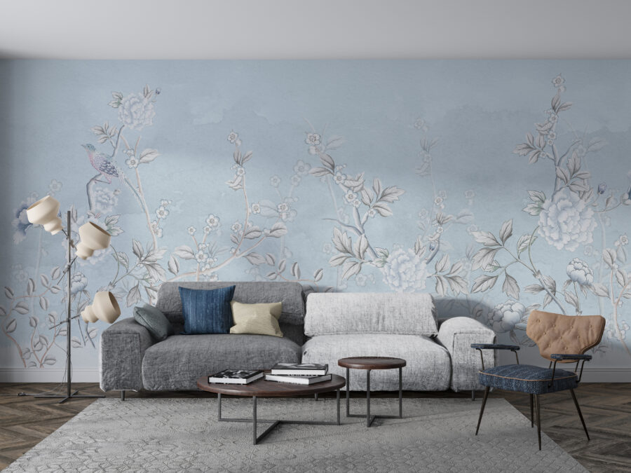 Nástěnná malba s jarním květinovým motivem na modrém pozadí, klasické a originální White Flowers - hlavní obrázek produktu
