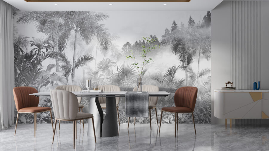 Fototapeta s univerzálním motivem tropické džungle v jednobarevném provedení, ideální do obývacího pokoje nebo jídelny Jungle white - hlavní obrázek produktu