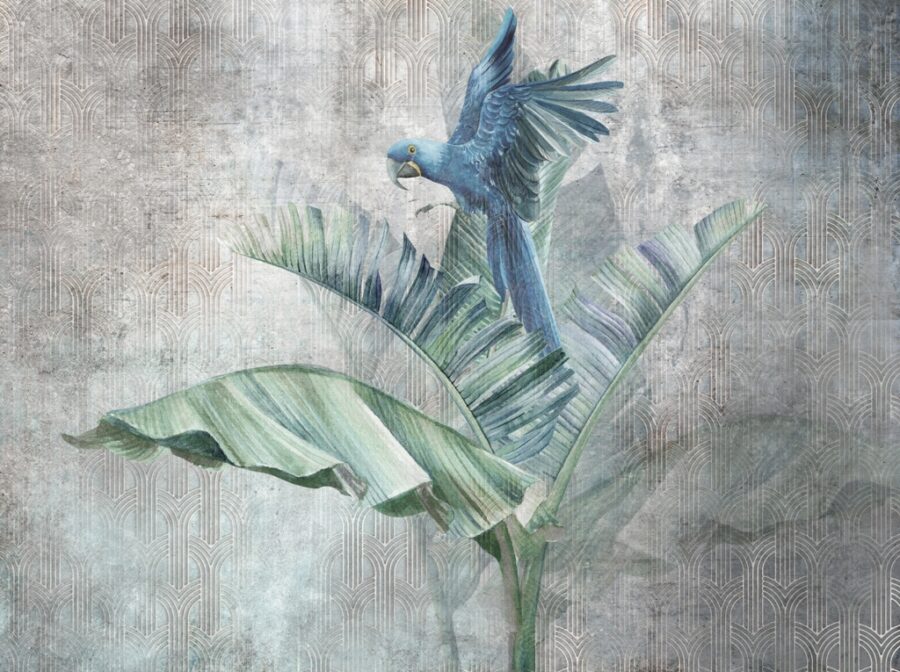 Nástěnná malba zelené exotické rostliny a papouška na šedém nerovnoměrném pozadí Modrý papoušek - číslo obrázku 2