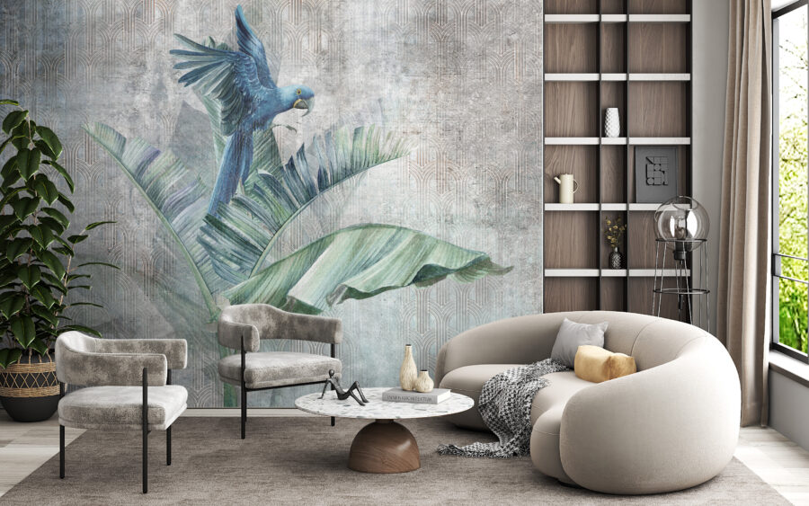 Nástěnná malba zelené exotické rostliny a papouška na šedém nerovnoměrném pozadí Modrý papoušek - hlavní obrázek produktu