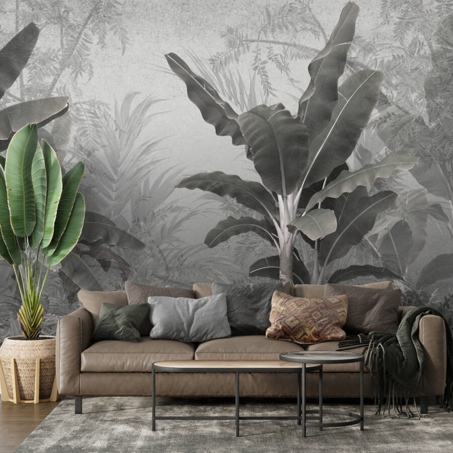 Fototapeta v různých odstínech grafitové a šedé s exotickým motivem pro elegantní interiéry Dark Jungle - hlavní obrázek produktu