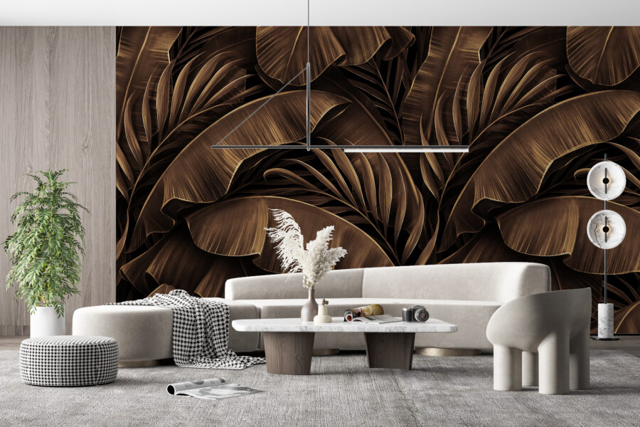 Nástěnná malba v teplé hnědé barvě s motivem tropických listů Chocolate Leaves - hlavní obrázek produktu