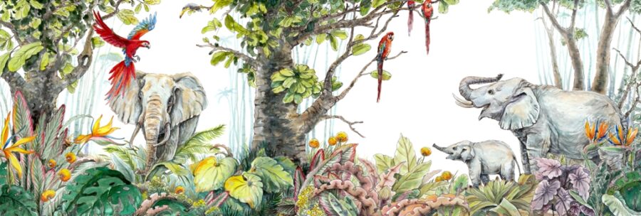 Fototapeta z kolorową dżunglą w zieleni, żółci i czerwieni Czerwone Papugi - zdjęcie numer 2