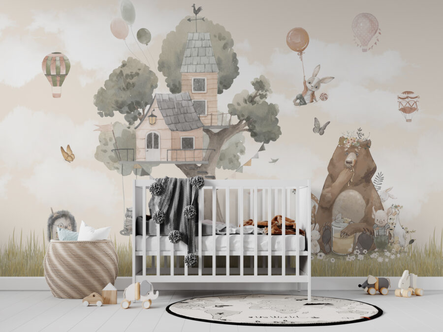 Nástěnná malba v podobě ilustrace pohádkového výjevu v barvách vhodných do dětského pokoje Tree House For Kids - hlavní obrázek produktu