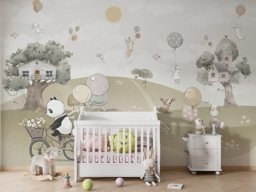 Nástěnná malba s květinovými a zvířecími ilustracemi v jemné šedé barvě ideální do dětského pokoje Tree Houses - hlavní obrázek produktu