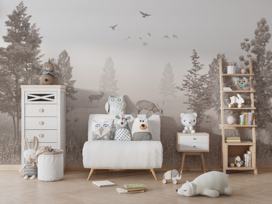 Teplá sepiová fototapeta s lesním motivem, která se hodí do interiéru každého dětského pokoje Dva jeleni - hlavní obrázek produktu