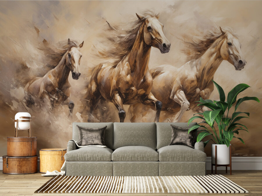 Fototapeta s krásným zvířecím motivem, který do místnosti vnáší divokost přírody Koně na útěku - hlavní obrázek produktu